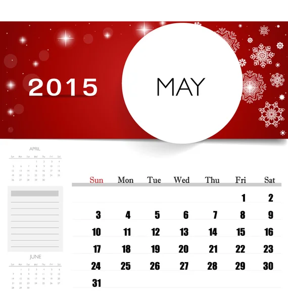 Calendário de 2015, modelo de calendário mensal para maio. Vector illustr — Vetor de Stock