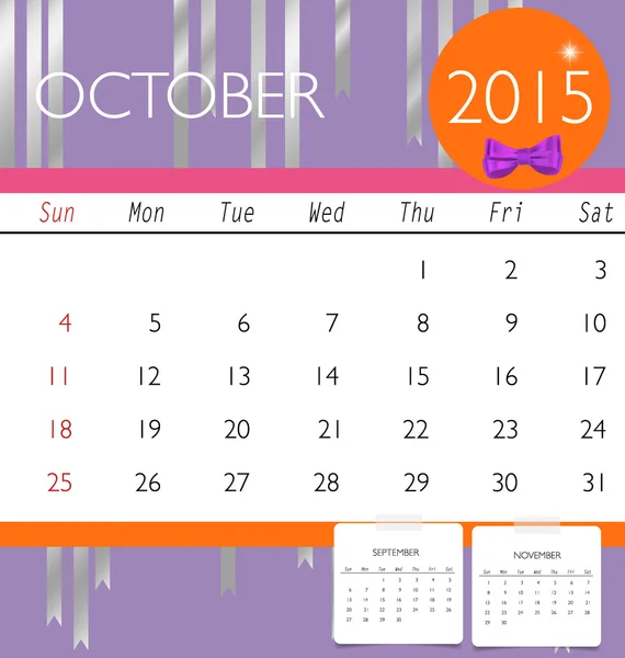 2015 日历，10 月的每月日历模板。矢量生病了 — 图库矢量图片