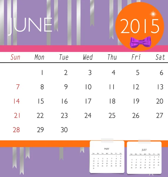 2015 calendar, monthly calendar template for June. Vector illust — Stock Vector