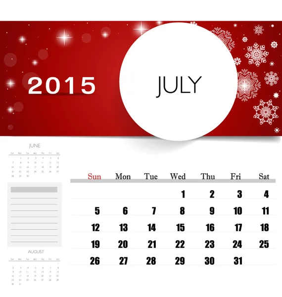 2015 calendario, plantilla de calendario mensual para julio. Ilustración vectorial — Vector de stock