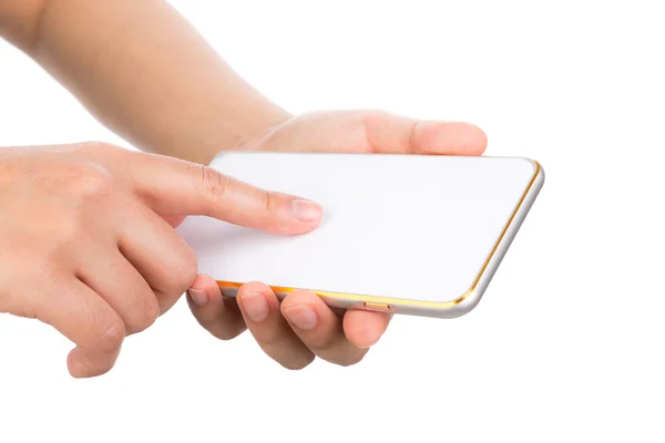 Female hand holding gold mobile phone smartphone mock up with bl — Stock Photo, Image