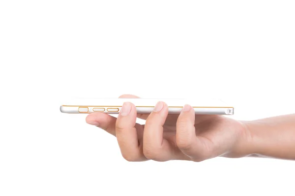 Vrouwelijke hand met gouden gsm smartphone mock up met bl — Stockfoto