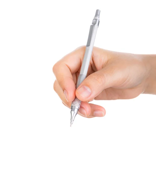 Mano de mujer con pluma sobre fondo blanco — Foto de Stock