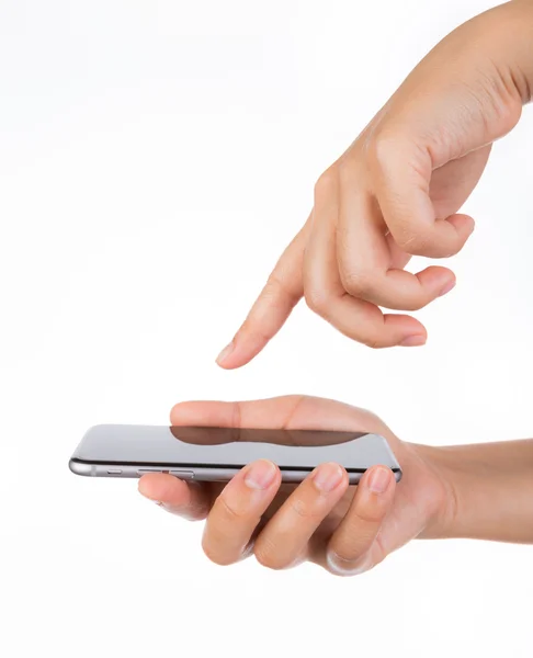 Hand met mobiele slimme telefoon met leeg scherm geïsoleerd op wh — Stockfoto