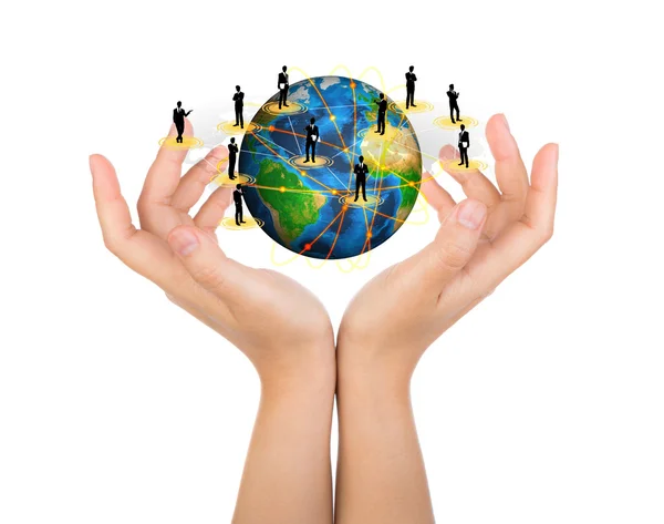 Two woman hands hold earth of social network (Elements of this i — Stock Photo, Image