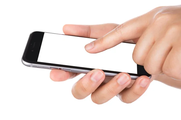 Χέρι που κρατά κινητό έξυπνο τηλέφωνο με κενή οθόνη απομονωμένη σε wh — Φωτογραφία Αρχείου