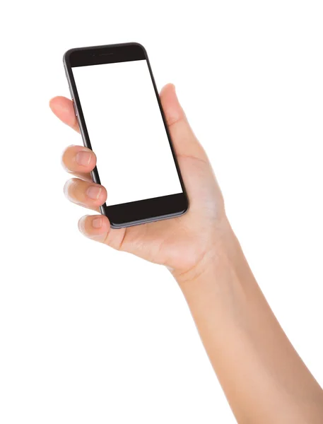 Hand som håller smarta mobiltelefon med blank skärm isolerade på wh — Stockfoto