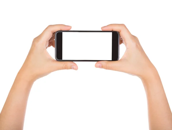Hand hält Mobiltelefon mit leerem Bildschirm isoliert auf wh — Stockfoto