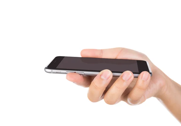 Hand met mobiele slimme telefoon met leeg scherm geïsoleerd op wh — Stockfoto