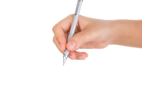 Mulher mão com caneta sobre um fundo branco — Fotografia de Stock