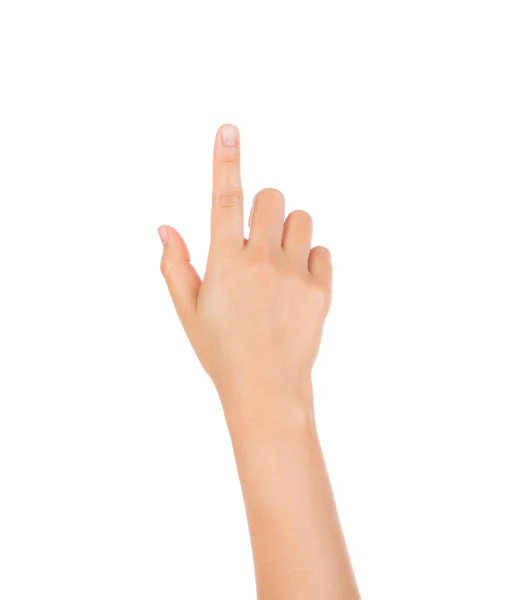 Γυναίκα χέρι σχετικά με την εικονική οθόνη που απομονώνονται σε λευκό φόντο — Φωτογραφία Αρχείου