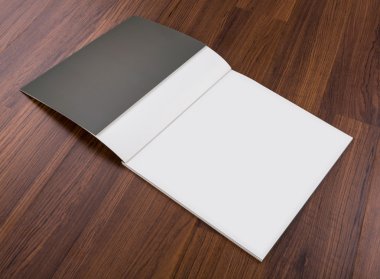 Katalog, dergi boş, sahte ahşap arka plan üzerinde kitap