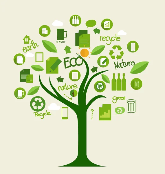 Concepto de ecología vectorial, Árbol con iconos. Ilustración vectorial . — Vector de stock