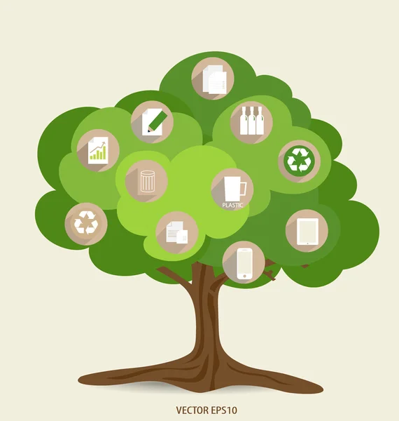 Vector ecologie concept, boom met pictogrammen. Vectorillustratie. — Stockvector