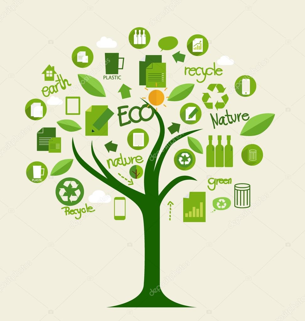 Vector ecology concept, Tree with icons. Vector Illustration.