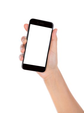 Mobil akıllı telefon ile boş perde Isolated wh üzerinde tutan el