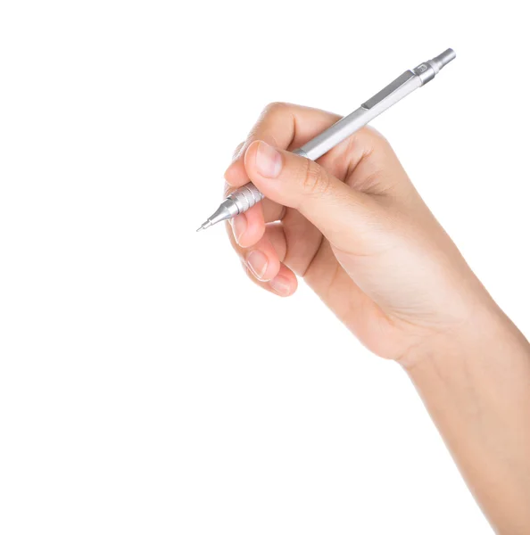 Mano de mujer con pluma sobre fondo blanco — Foto de Stock