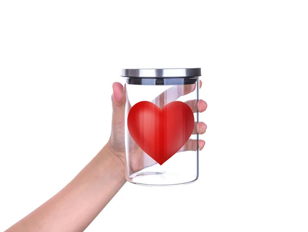 Hand hold Red hearts in glass jar with aluminum lid isolated on — Stock Photo, Image