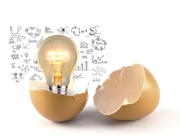 Broken egg the and lamp with business graph is pulled out. — Stock Photo, Image