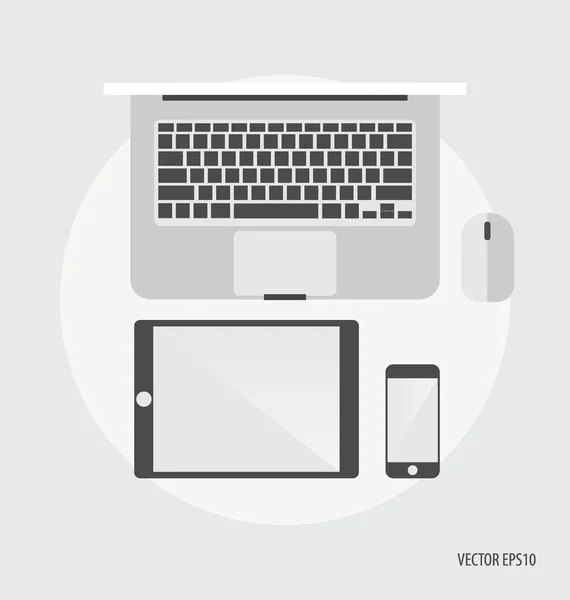 Vue du dessus des appareils électroniques : ordinateur portable, tablette et téléphones mobiles — Image vectorielle