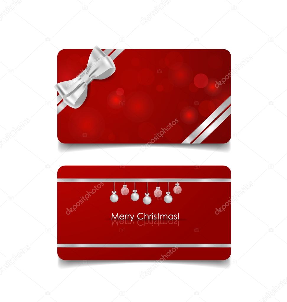 Holiday gift coupons with gift bows and Christmas ball, vector i