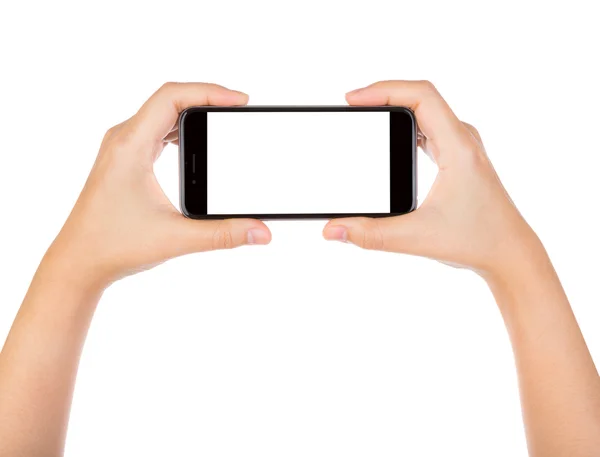 Hand met mobiele slimme telefoon met leeg scherm geïsoleerd op wh — Stockfoto