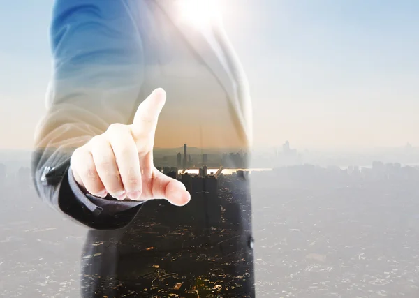 Abstract Double exposure of Business man touching an imaginary s — Stock Photo, Image