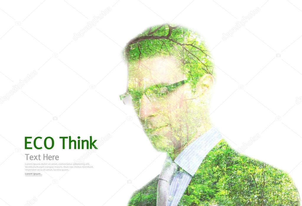 Double exposure portrait of young Business man with green forest