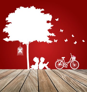 Sevgiliye arka plan çocuklu ağacın altında bir kitap okuyun. Vecto