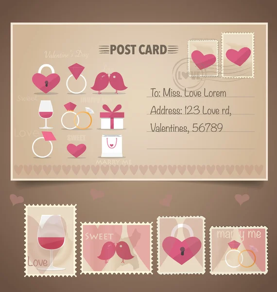 Vintage briefkaart achtergrond en postzegels - voor bruiloft auto — Stockvector