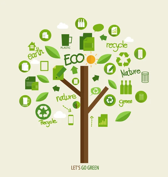 Concetto di ecologia vettoriale, Albero con icone. Illustrazione vettoriale . — Vettoriale Stock