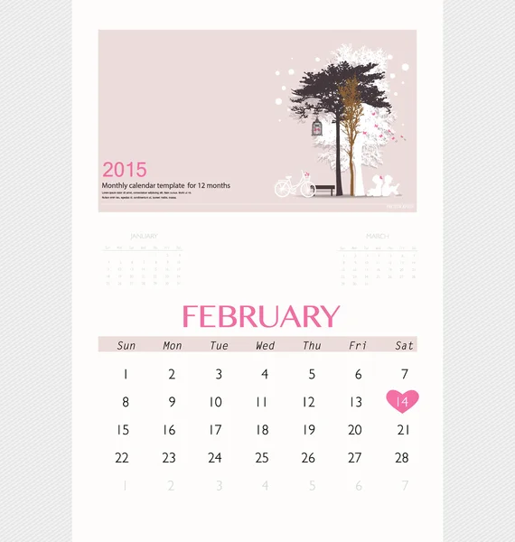 Alla hjärtans dag. 2015 kalender februari. Vektor illustration. — Stock vektor