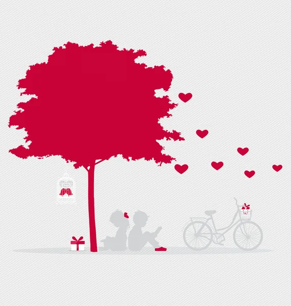 Valentine background with children read a book under tree. Vecto — Stock Vector