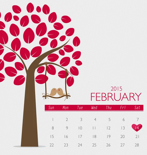 Día de San Valentín. Calendario 2015 Febrero. Ilustración vectorial . — Archivo Imágenes Vectoriales