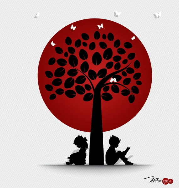 Lo sfondo di San Valentino con i bambini legge un libro sotto l'albero. Vecto — Vettoriale Stock