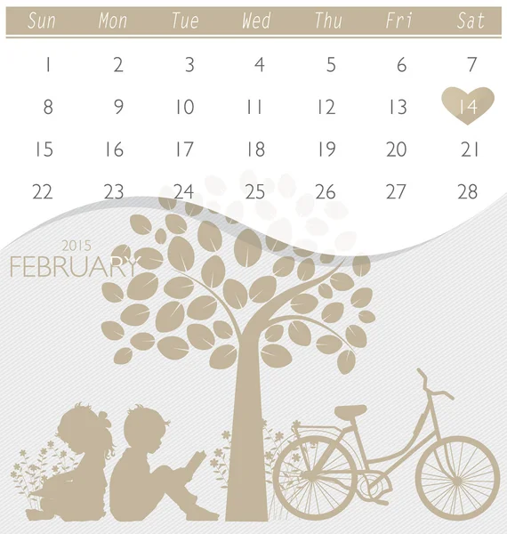 Alla hjärtans dag. 2015 kalender februari. Vektor illustration. — Stock vektor