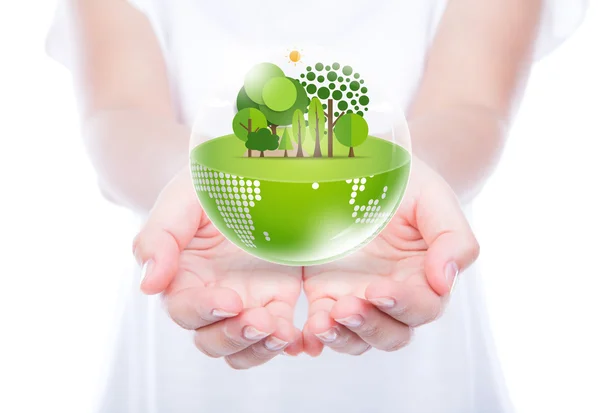 Woman hands over body hold eco friendly earth — Stock Photo, Image