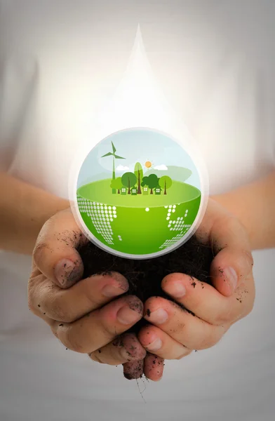 Woman hands hold water drop of eco friendly earth — Stock Photo, Image