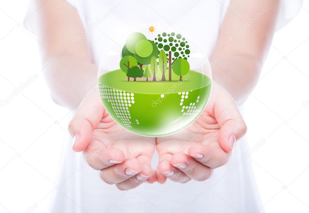 Woman hands over body hold eco friendly earth