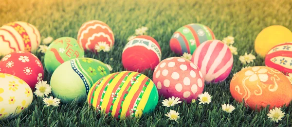 Easter Eggs met bloem op verse Green Grass (gefilterde afbeelding pr — Stockfoto