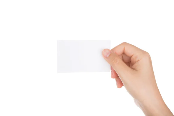 Women hand holding blank paper business card isolated on white b — Stock Photo, Image