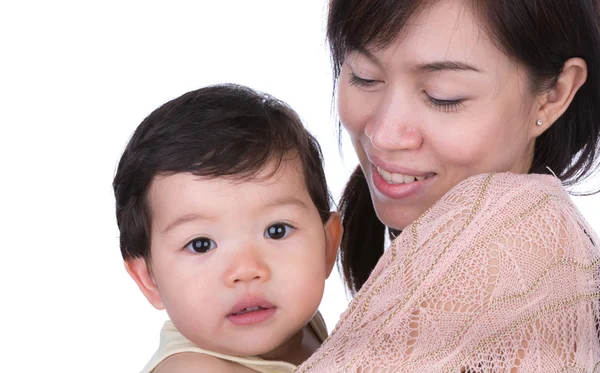 Closeup portrait of cute mother with child isolated on white bac — Stock Photo, Image