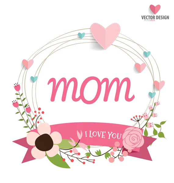 Feliz Día de la Madre, Ramos florales con cinta y corazón, vecto — Vector de stock
