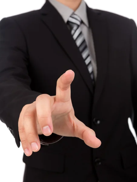 Business man touching an imaginary screen against white backgrou — Stock Photo, Image