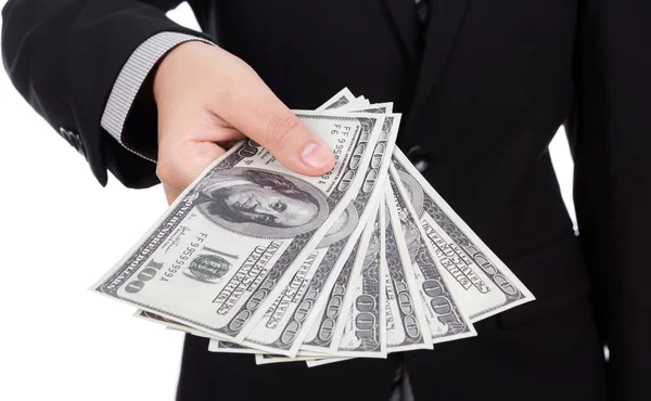 Üzletember jelenít meg egy elterjedt a dollár — Stock Fotó