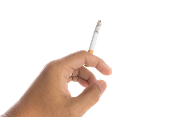 Homem mão segurando cigarro queimando isolado no fundo branco — Fotografia de Stock