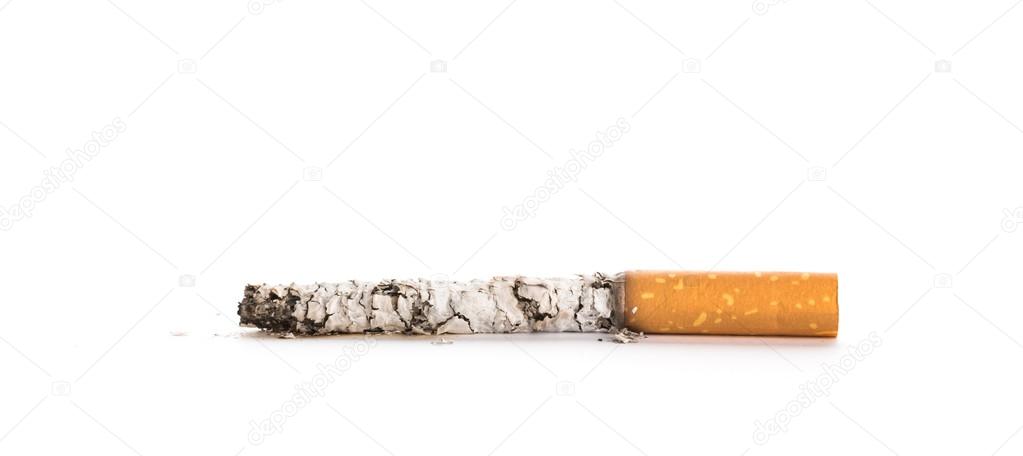 Cigarette butt with ash isolated on white background