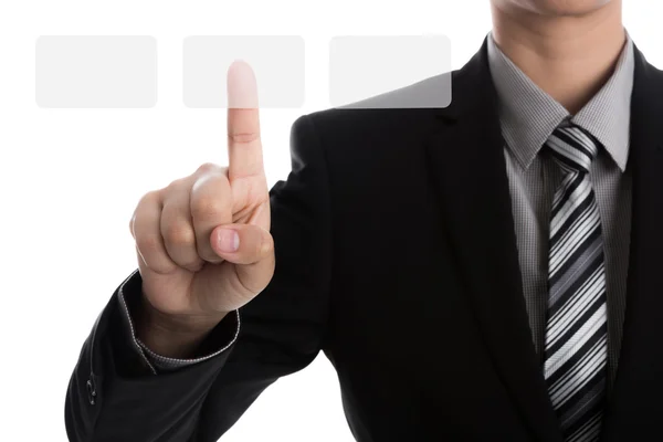 Business man touching an imaginary screen against white backgrou — Stock Photo, Image