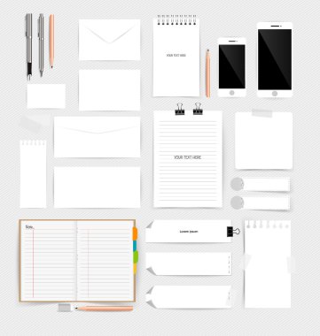 Collection of business items, various papers, paper designs read clipart