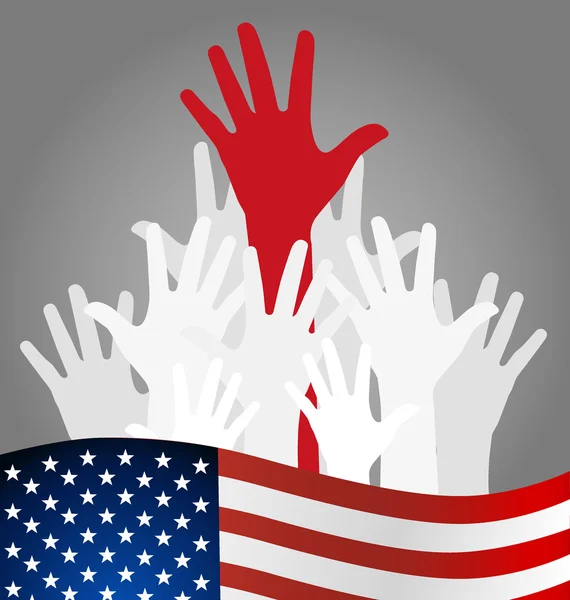 Manos y bandera americana, ilustración vectorial . — Vector de stock